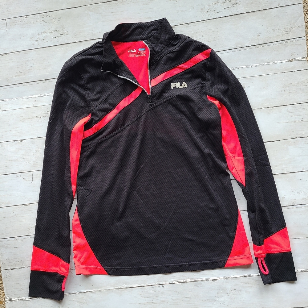 Fila Sport Womens Black Pink Quarter Zip‎ Running Pullover Thumbholes Medium